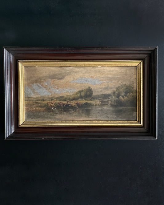 Antique Pastoral Landscape Painting in Deep Mahogany Frame