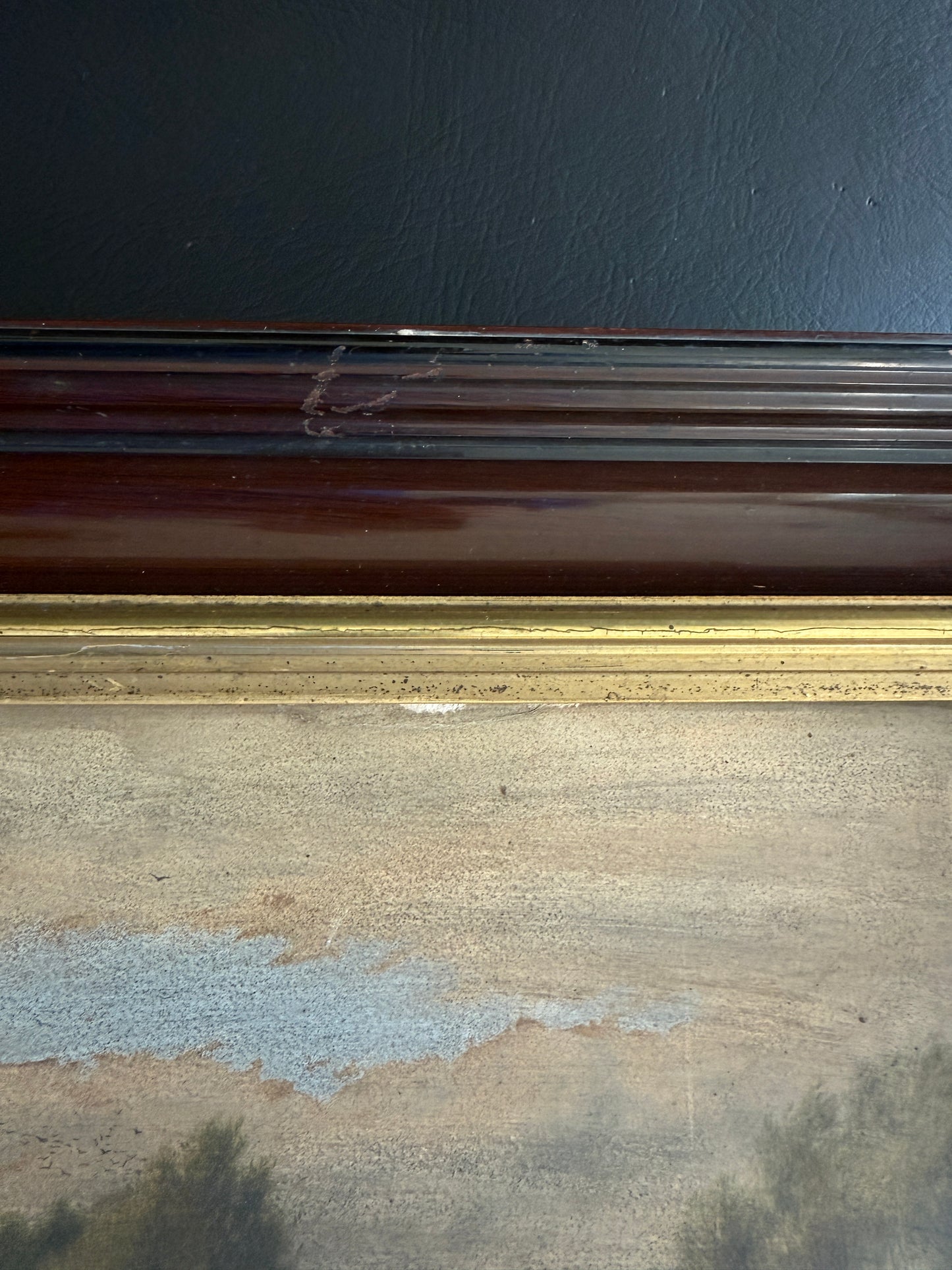 Antique Pastoral Landscape Painting in Deep Mahogany Frame