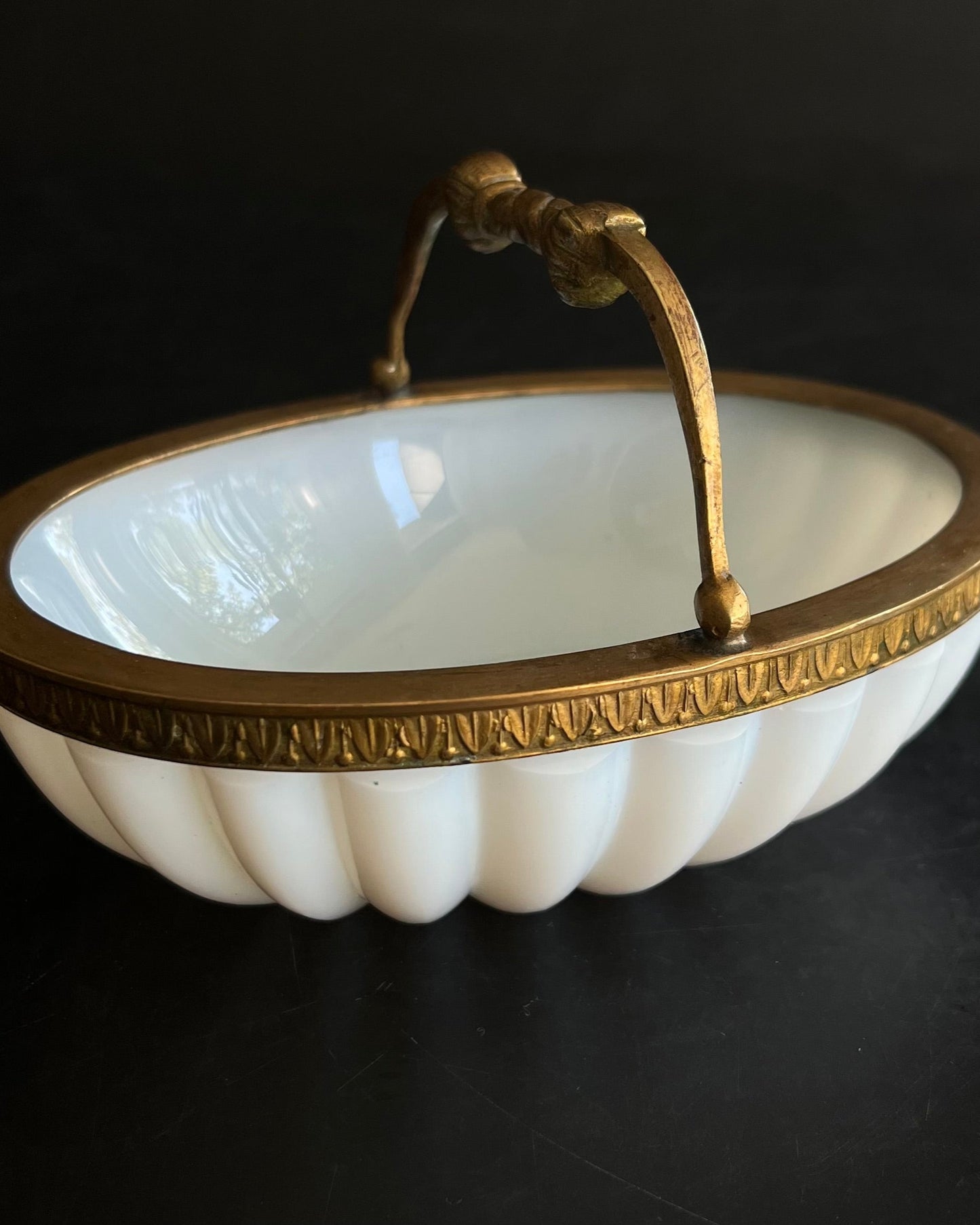 Bowl: Brass Handled Milk Glass Bowl