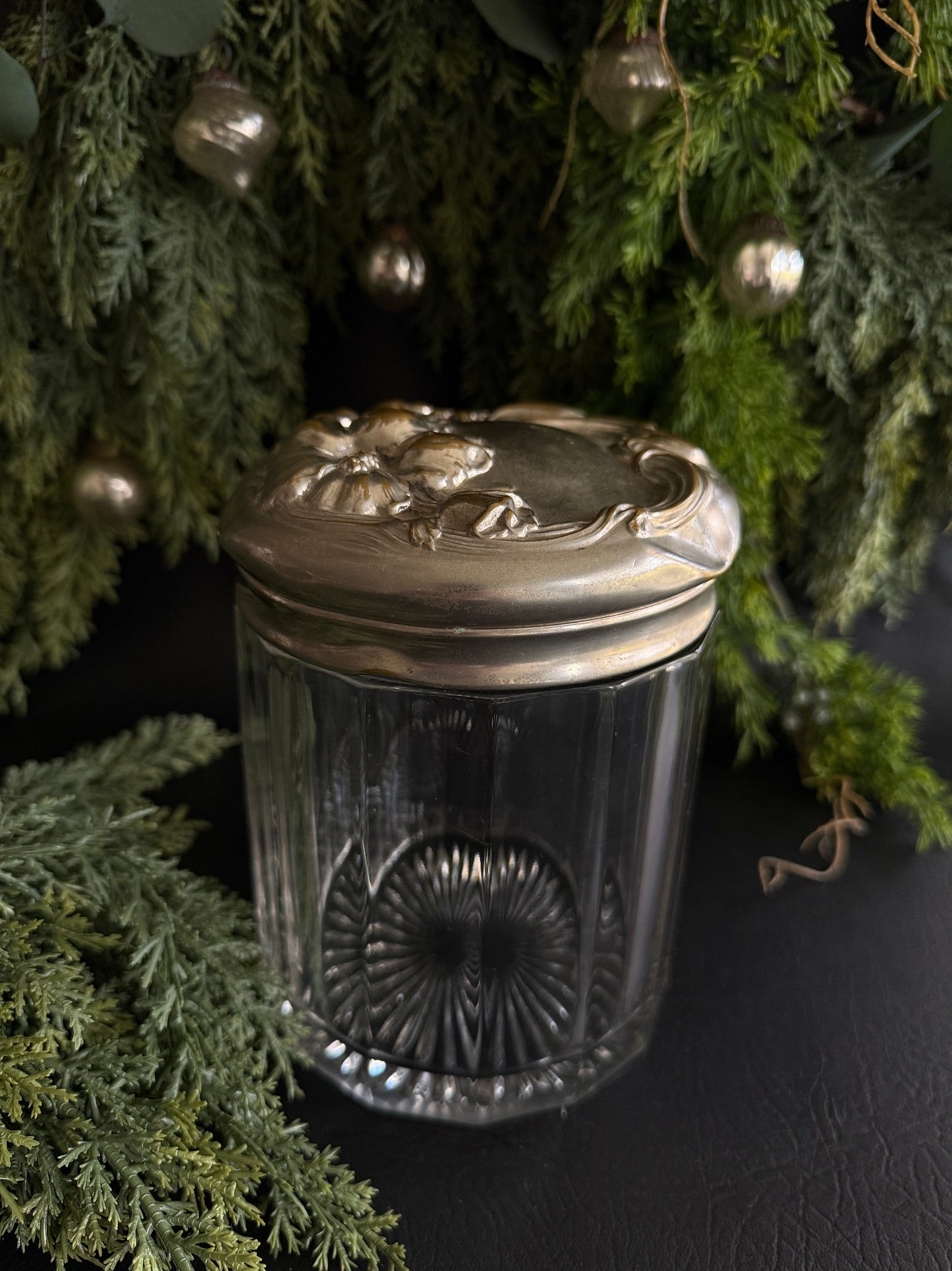 Art Nouveau Glass Jar with Silverplate Lid