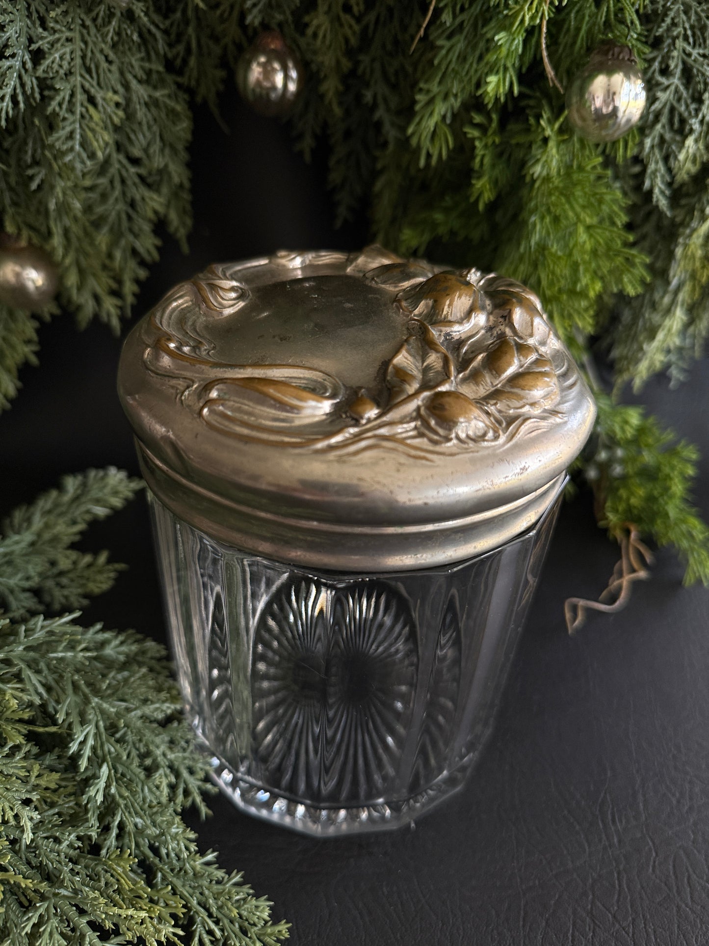 Art Nouveau Glass Jar with Silverplate Lid