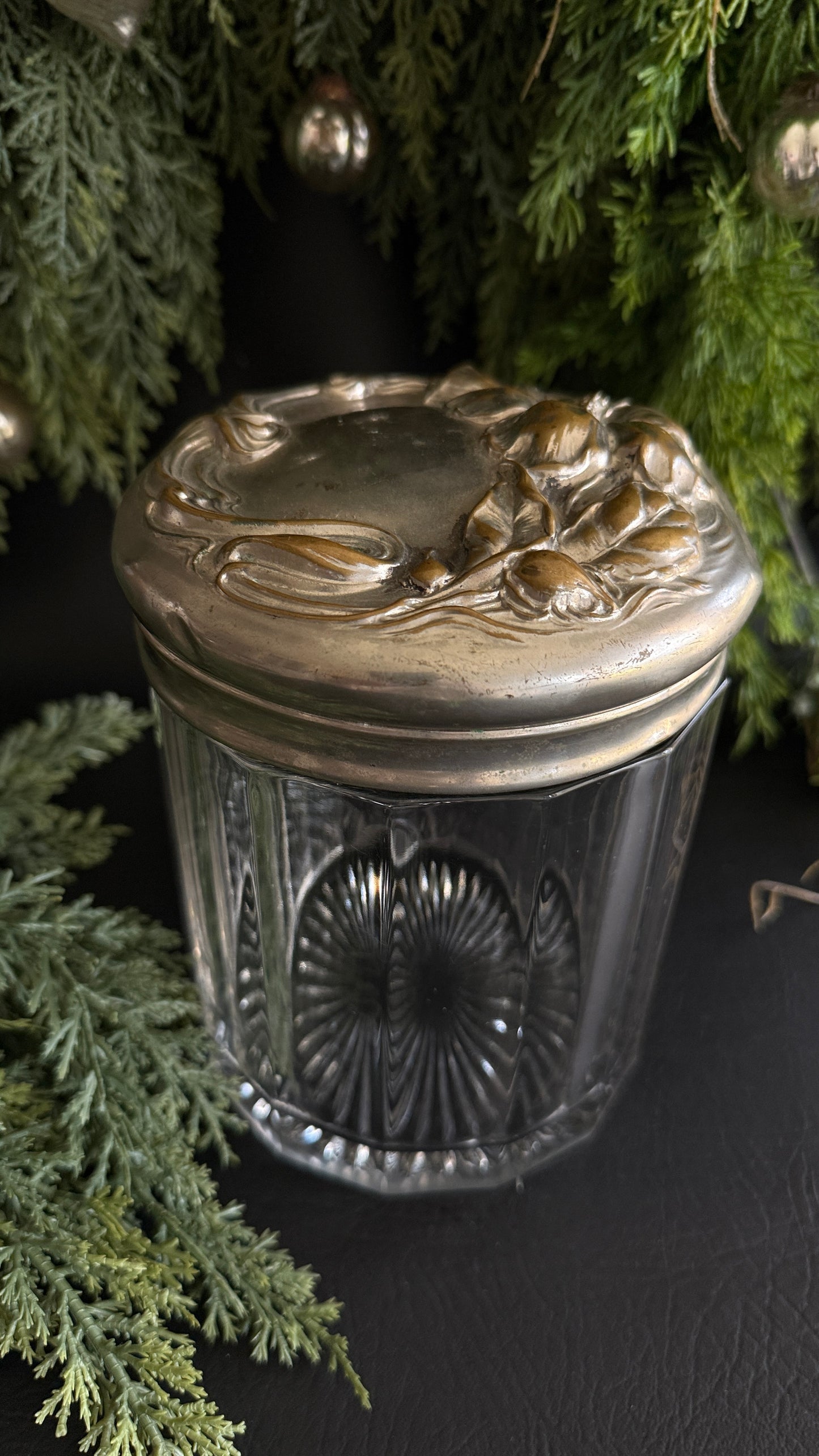 Art Nouveau Glass Jar with Silverplate Lid