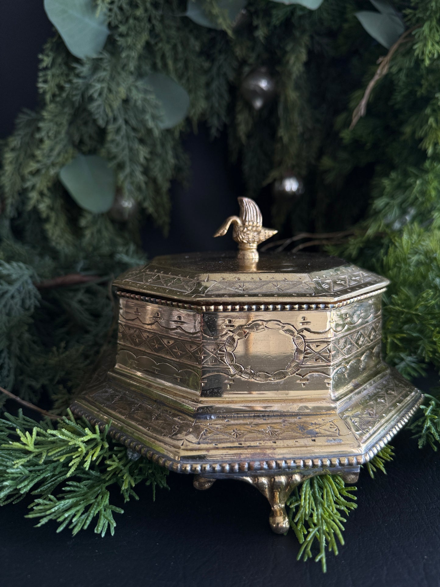 Brass Trinket Box with Swan Finial