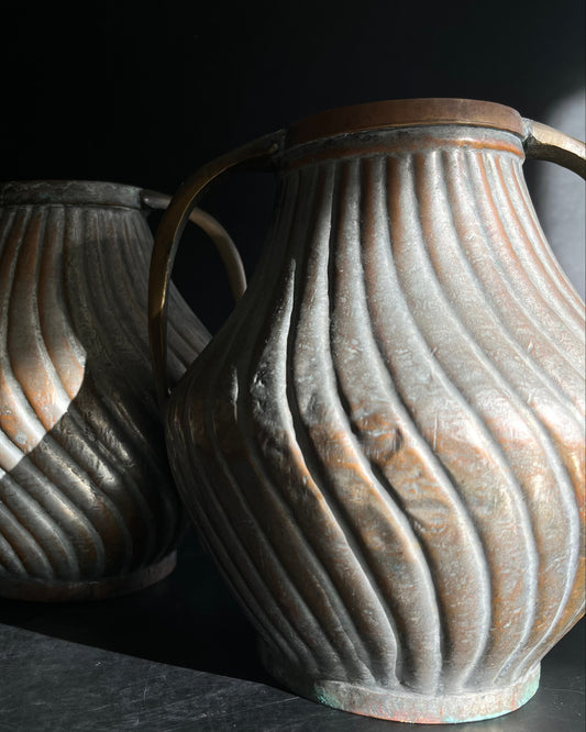 Pair of Ribbed Metal Urn Vases with Patina & Brass Handle
