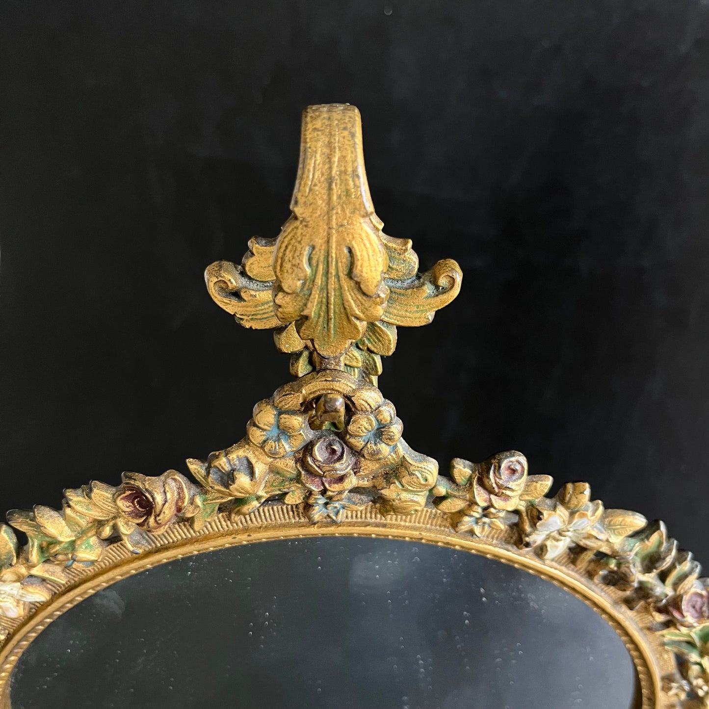 Victorian Painted Floral Vanity Metal Mirror on Stand