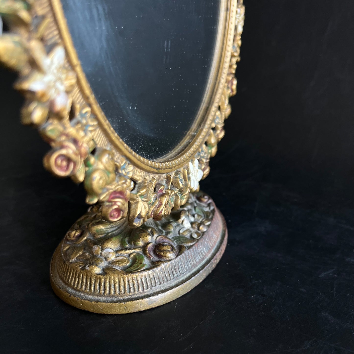 Victorian Painted Floral Vanity Metal Mirror on Stand