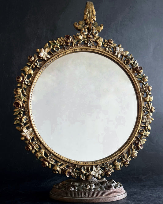 Victorian Painted Floral Vanity Metal Mirror on Stand