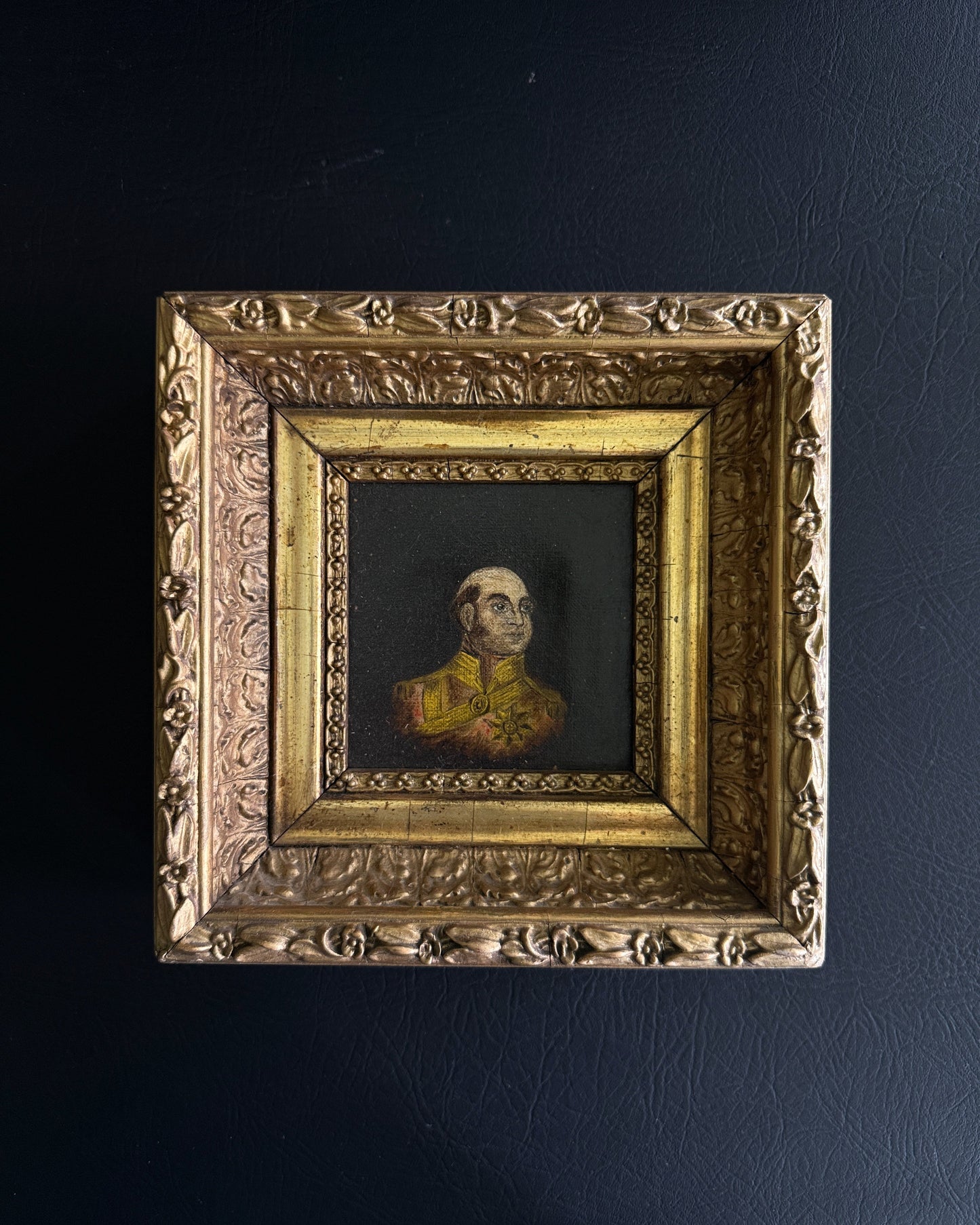 Antique Oil Portrait Miniature — Military Officer, Gilt Frame