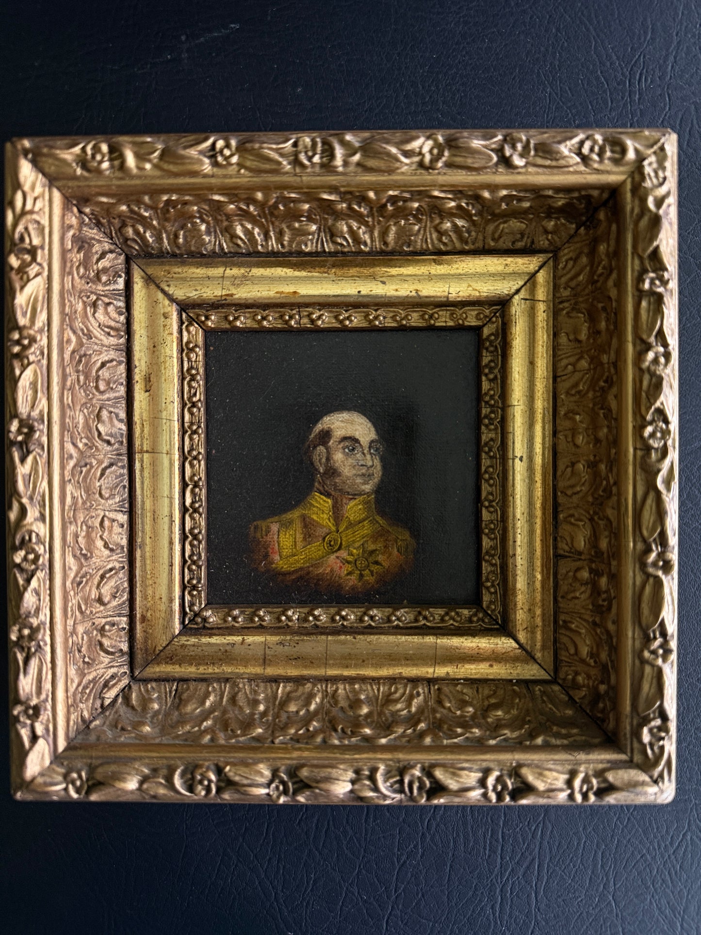 Antique Oil Portrait Miniature — Military Officer, Gilt Frame