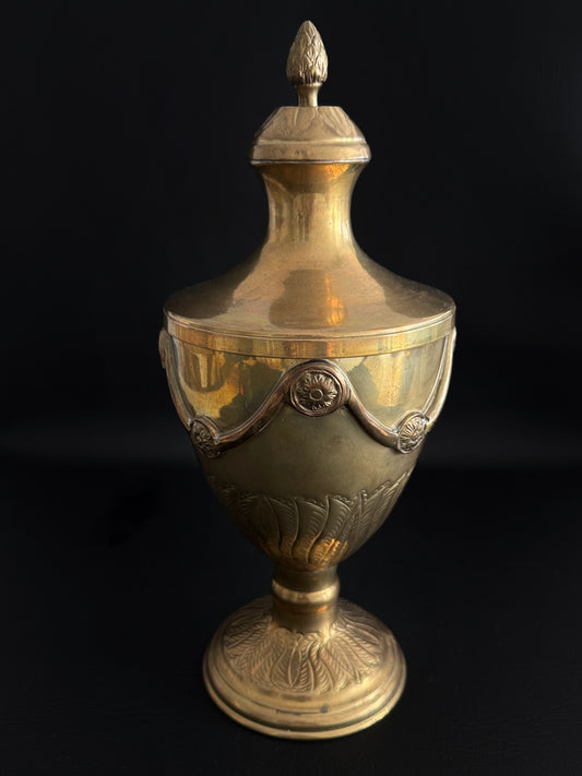 Lidded Brass Urn with Leaf Motif Detailing